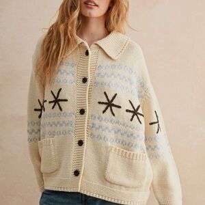 Cream and Blue Patterned Women's Sweater